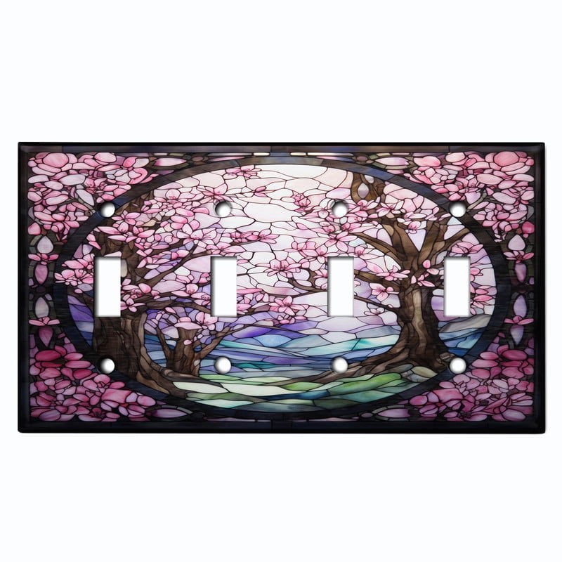 Metal Light Switch Wall Plate Outlet Cover (Printed Image of Cherry Blossom Stained Glass - Quad Toggle)
