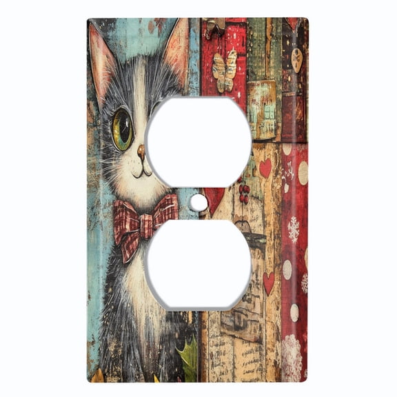 Metal Light Switch Wall Plate Outlet Cover (Printed Image of Chic Cat Folk Art - Single Duplex)