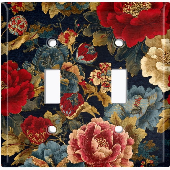 Metal Light Switch Wall Plate Outlet Cover (Printed Image of Chinoiserie Floral Art - Double Toggle)