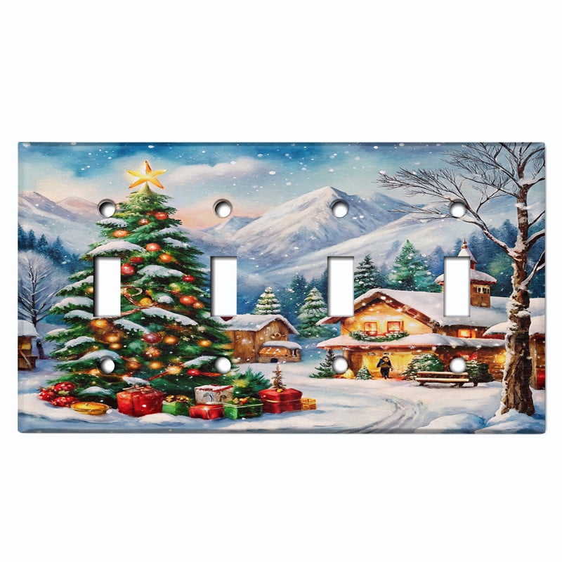 Metal Light Switch Wall Plate Outlet Cover (Printed Image of Christmas Winter Village - Quad Toggle)