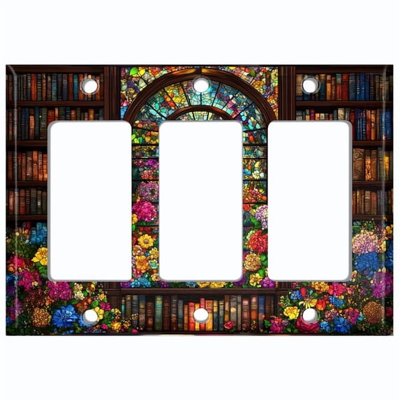 Metal Light Switch Wall Plate Outlet Cover (Printed Image of Colorful Floral Bookshelf - Triple GFI/Rocker)