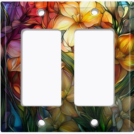 Metal Light Switch Wall Plate Outlet Cover (Printed Image of Colorful Flowers - Double GFI/Rocker)