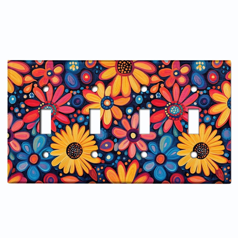 Metal Light Switch Wall Plate Outlet Cover (Printed Image of Colorful Hippie Flowers - Quad Toggle)