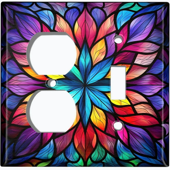Metal Light Switch Wall Plate Outlet Cover (Printed Image of Colorful Stained Glass Flower - 2 Gang Duplex/Toggle)