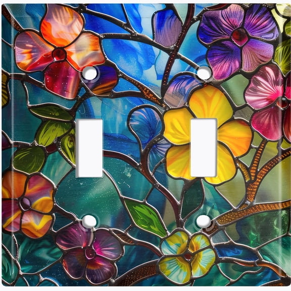 Metal Light Switch Wall Plate Outlet Cover (Printed Image of Colorful Stained Glass Flowers - Double Toggle)