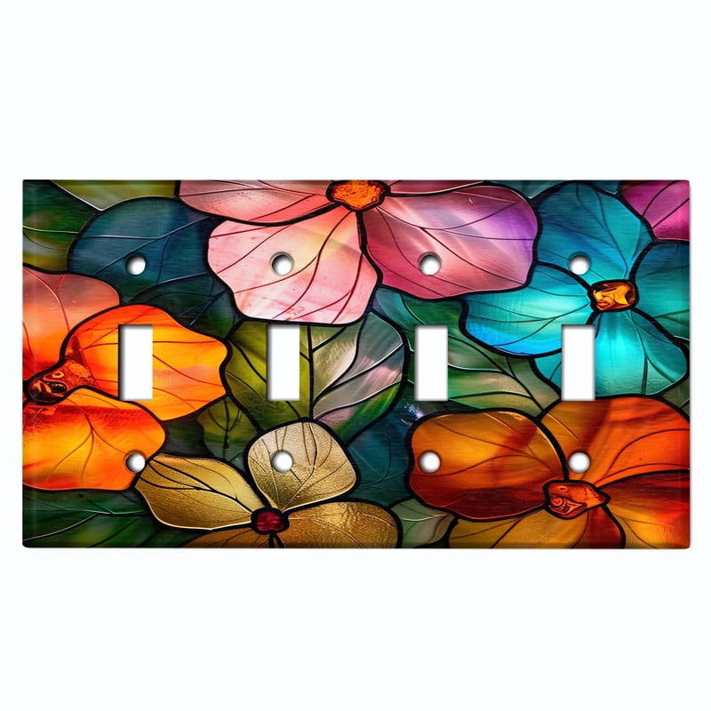 Metal Light Switch Wall Plate Outlet Cover (Printed Image of Colorful Stained Glass Flowers - Quad Toggle)