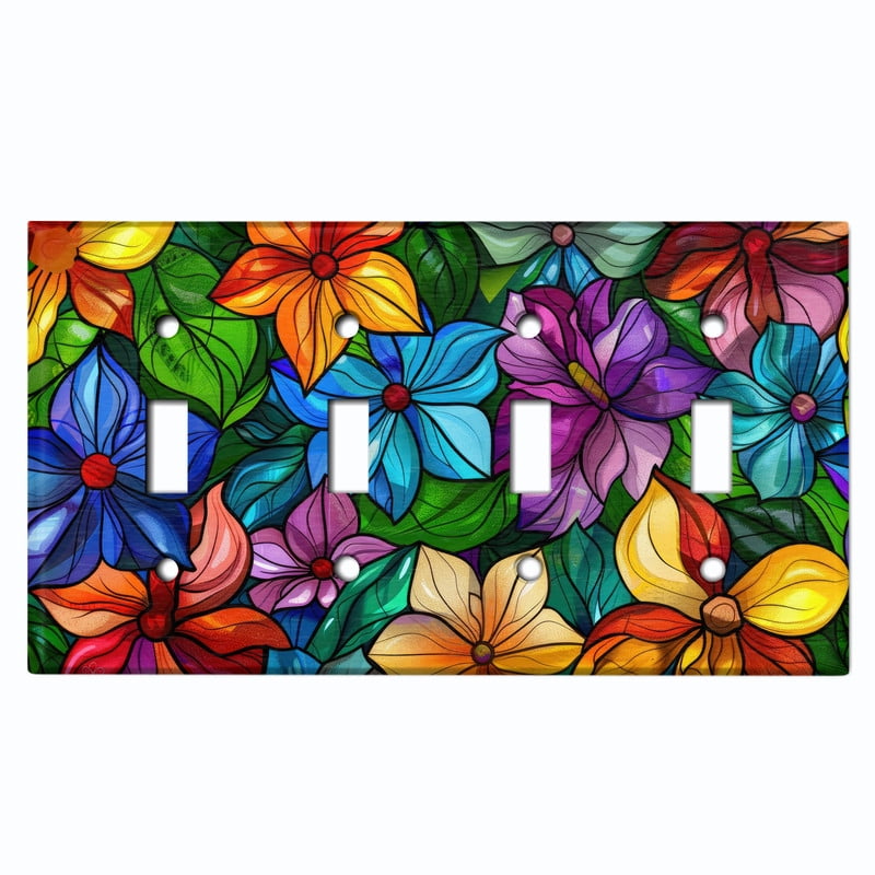Metal Light Switch Wall Plate Outlet Cover (Printed Image of Colorful Stained Glass Flowers - Quad Toggle)