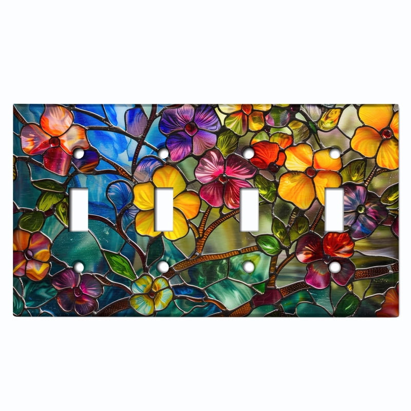 Metal Light Switch Wall Plate Outlet Cover (Printed Image of Colorful Stained Glass Flowers - Quad Toggle)