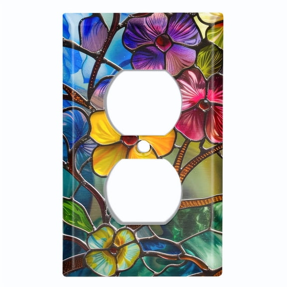 Metal Light Switch Wall Plate Outlet Cover (Printed Image of Colorful Stained Glass Flowers - Single Duplex)