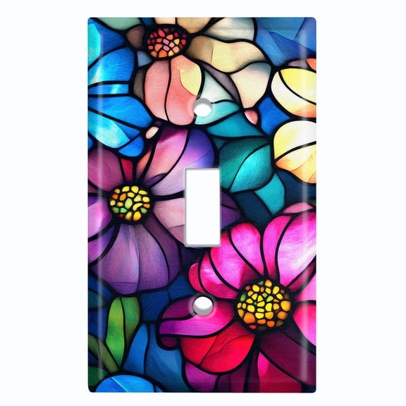 Metal Light Switch Wall Plate Outlet Cover (Printed Image of Colorful Stained Glass Flowers - Single Toggle)