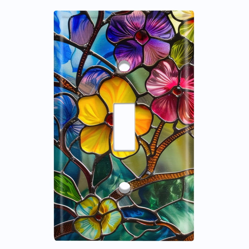 Metal Light Switch Wall Plate Outlet Cover (Printed Image of Colorful Stained Glass Flowers - Single Toggle)