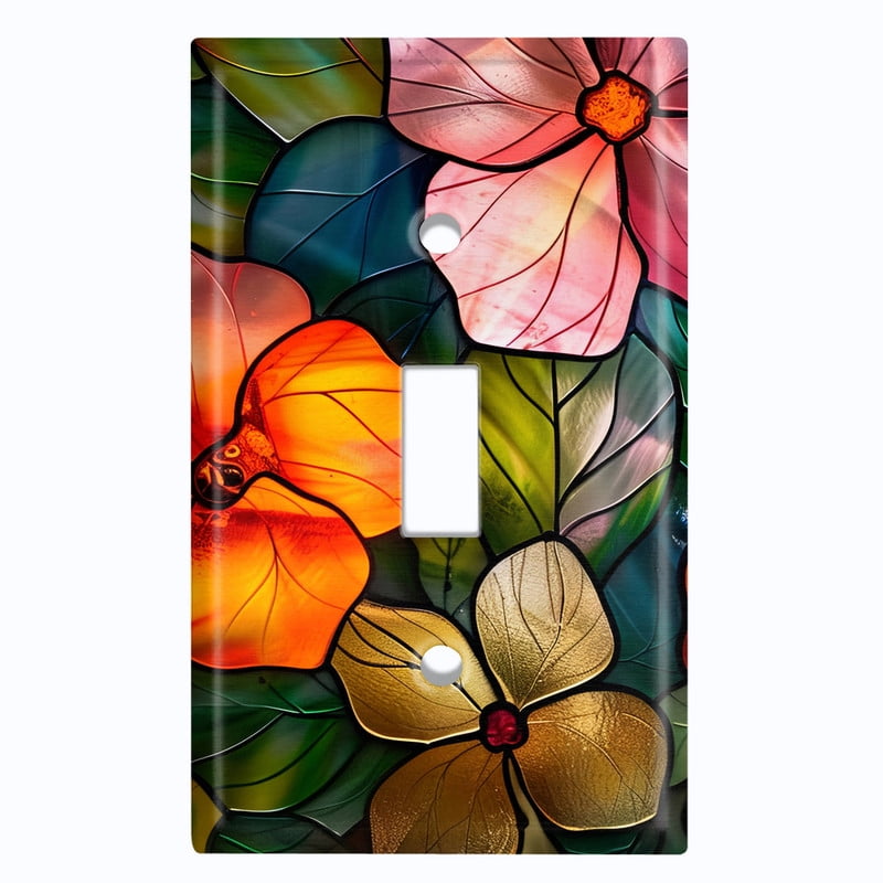 Metal Light Switch Wall Plate Outlet Cover (Printed Image of Colorful Stained Glass Flowers - Single Toggle)