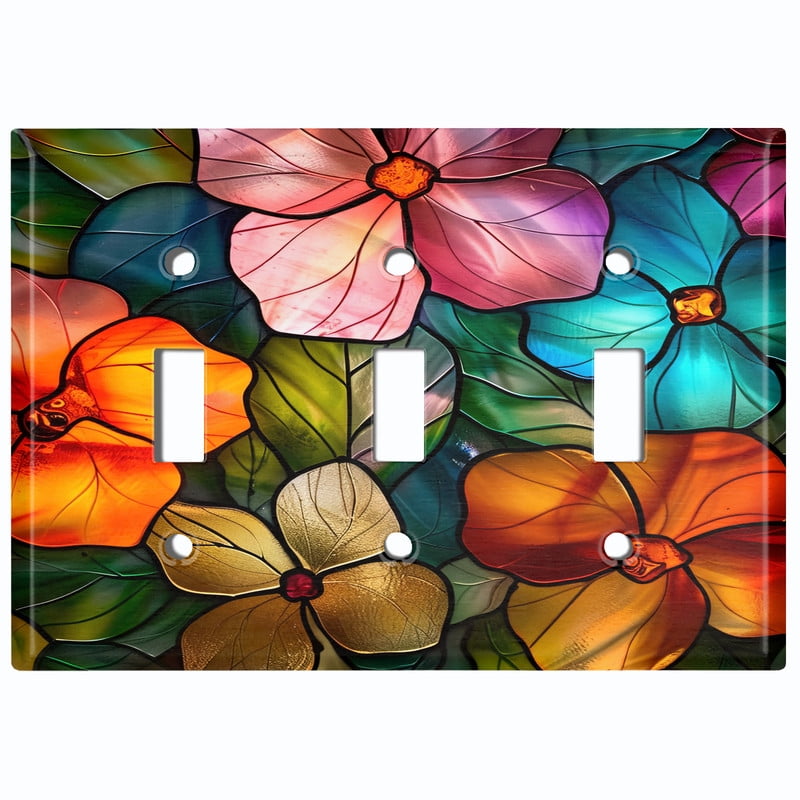 Metal Light Switch Wall Plate Outlet Cover (Printed Image of Colorful Stained Glass Flowers - Triple Toggle)