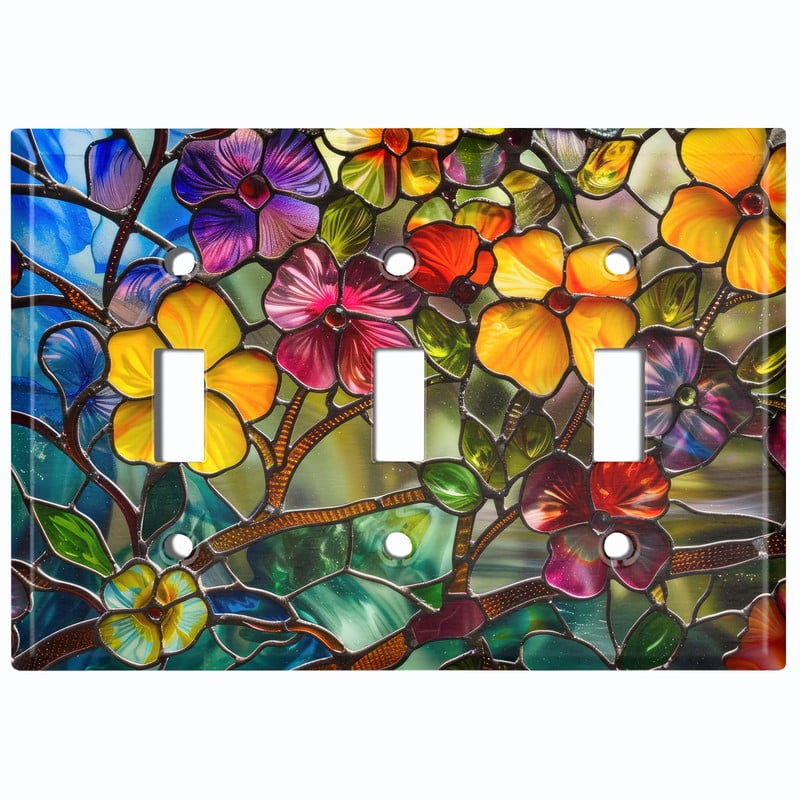 Metal Light Switch Wall Plate Outlet Cover (Printed Image of Colorful Stained Glass Flowers - Triple Toggle)