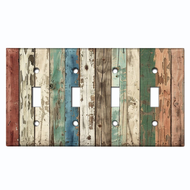 Metal Light Switch Wall Plate Outlet Cover (Printed Image of Colorful Wooden Planks - Quad Toggle)
