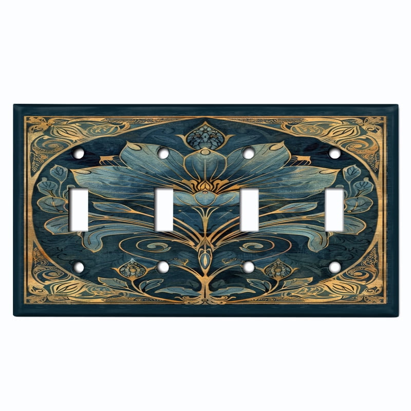 Metal Light Switch Wall Plate Outlet Cover (Printed Image of Damask Flower Gold Frame - Quad Toggle)