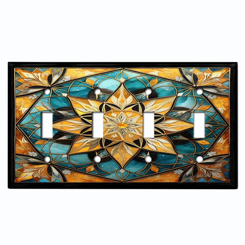 Metal Light Switch Wall Plate Outlet Cover (Printed Image of Geometric Stained Glass Mandala - Quad Toggle)