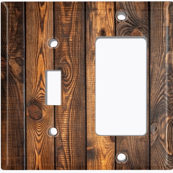 Metal Light Switch Wall Plate Outlet Cover (Printed Image of Dark Rustic Wood Planks - 2 Gang Toggle/GFI Rocker)