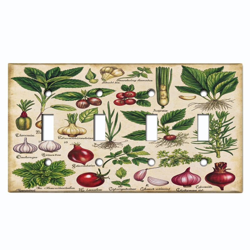 Metal Light Switch Wall Plate Outlet Cover (Printed Image of Detailed Botanical Labels - Quad Toggle)