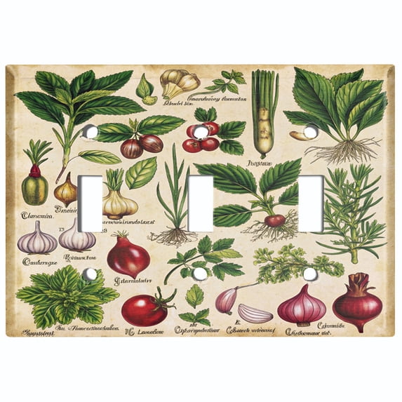 Metal Light Switch Wall Plate Outlet Cover (Printed Image of Detailed Botanical Labels - Triple Toggle)