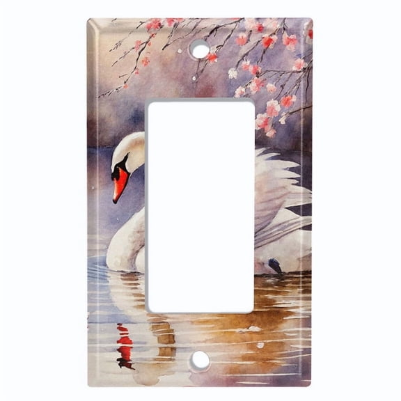 Metal Light Switch Wall Plate Outlet Cover (Printed Image of Elegant Swan and Cherry Blossoms - Single GFI/Rocker)