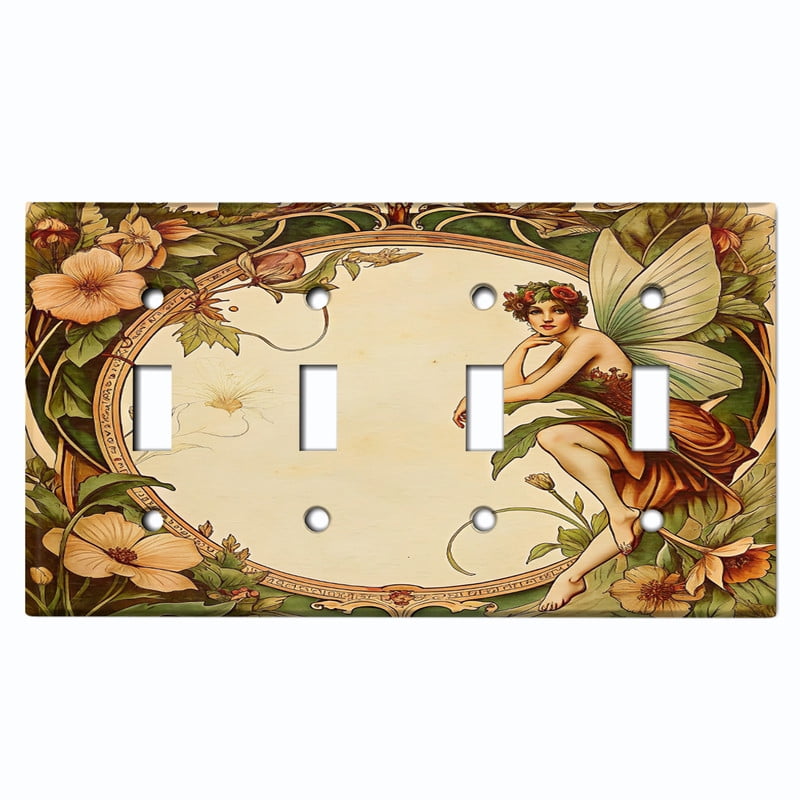 Metal Light Switch Wall Plate Outlet Cover (Printed Image of Fairy with Floral Border - Quad Toggle)