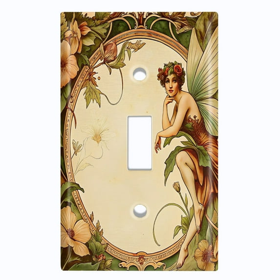 Metal Light Switch Wall Plate Outlet Cover (Printed Image of Fairy with Floral Border - Single Toggle)