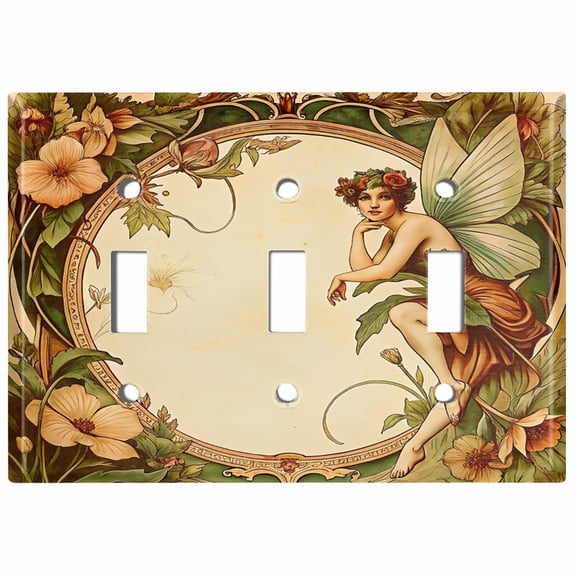 Metal Light Switch Wall Plate Outlet Cover (Printed Image of Fairy with Floral Border - Triple Toggle)