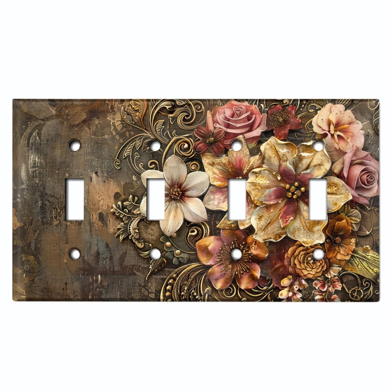 Metal Light Switch Wall Plate Outlet Cover (Printed Image of Floral Collage - Quad Toggle)