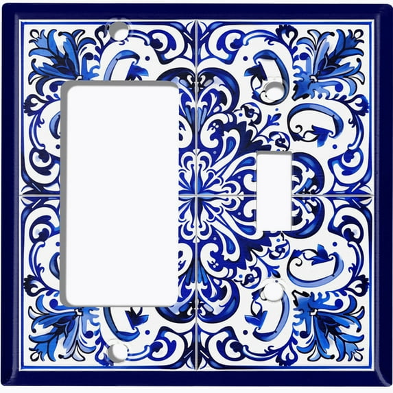 Metal Light Switch Wall Plate Outlet Cover (Printed Image of Floral Mandala Tile - 2 Gang GFI Rocker/Toggle)