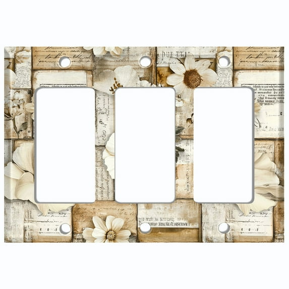 Metal Light Switch Wall Plate Outlet Cover (Printed Image of Floral Scrapbooking - Triple GFI/Rocker)