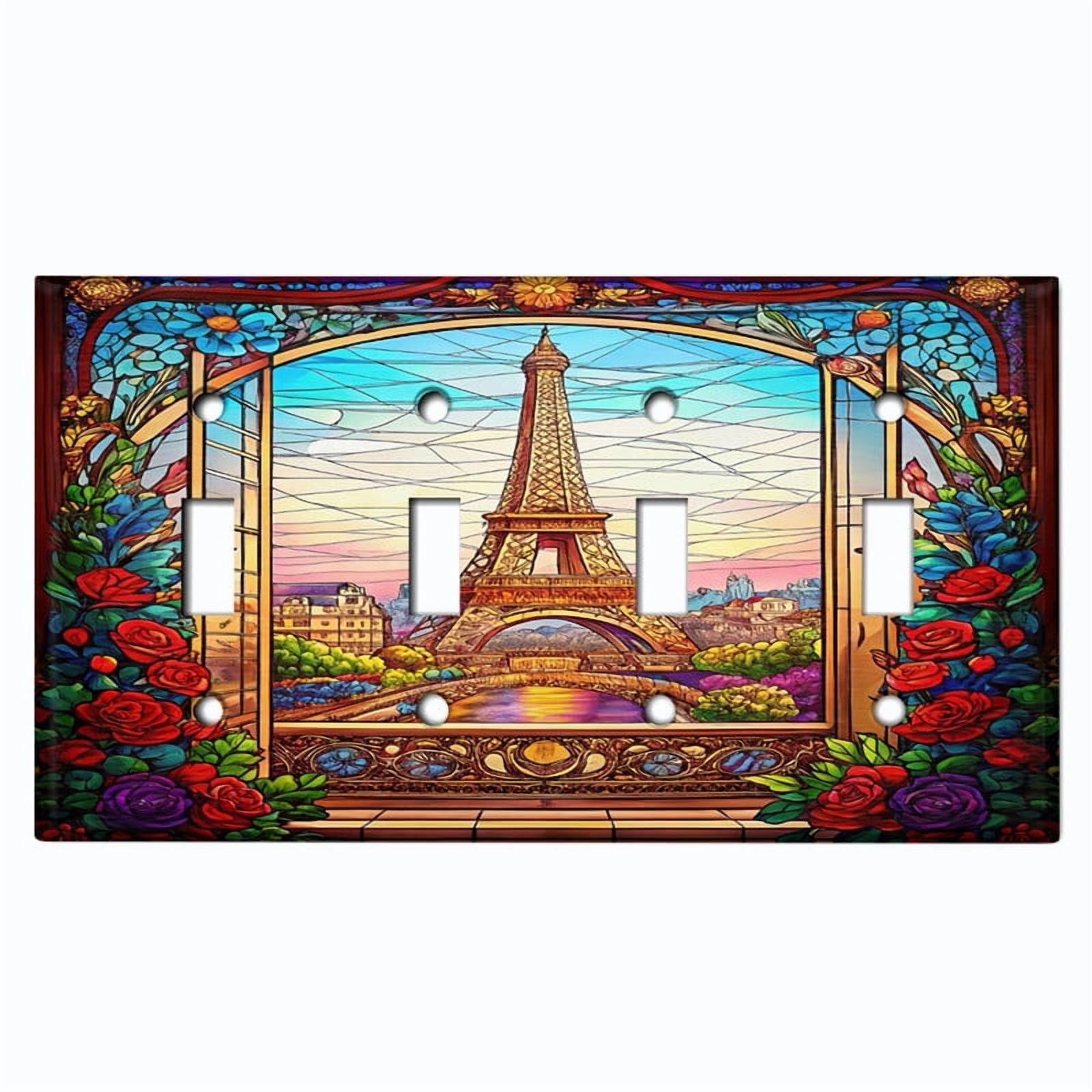 Metal Light Switch Wall Plate Outlet Cover (Printed Image of Floral Stained Glass Eiffel Tower - Quad Toggle)