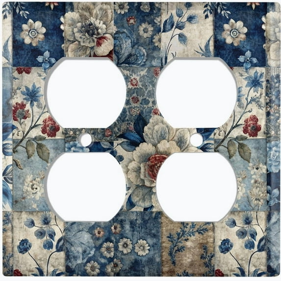Metal Light Switch Wall Plate Outlet Cover (Printed Image of Floral Tile Patterns - Double Duplex)