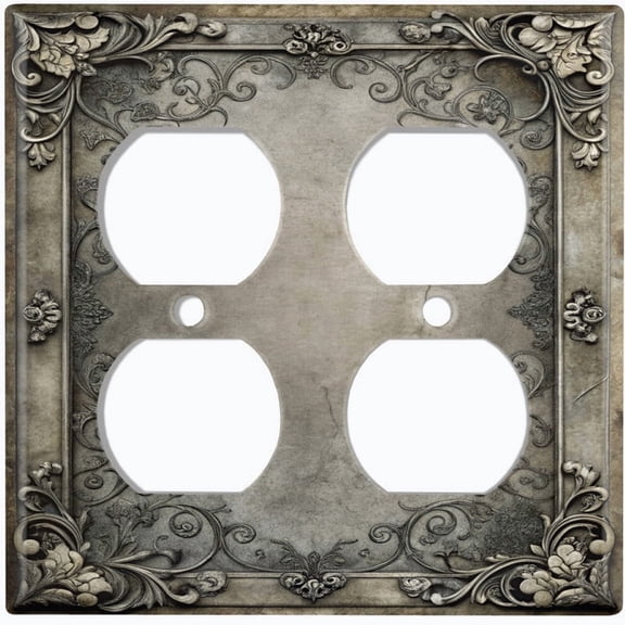 Metal Light Switch Wall Plate Outlet Cover (Printed Image of Floral and Baroque-Style Frame - Double Duplex)
