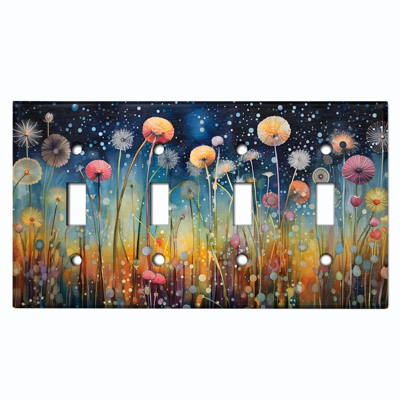 Metal Light Switch Wall Plate Outlet Cover (Printed Image of Folk Art Wildflowers - Quad Toggle)
