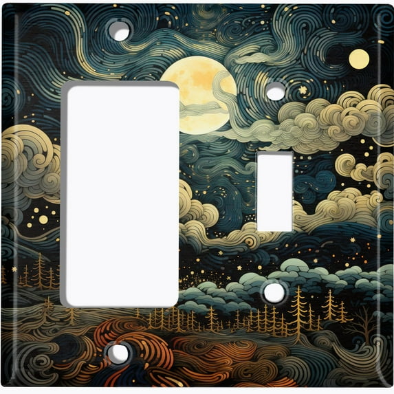 Metal Light Switch Wall Plate Outlet Cover (Printed Image of Full Moon Forest Painting - 2 Gang GFI Rocker/Toggle)