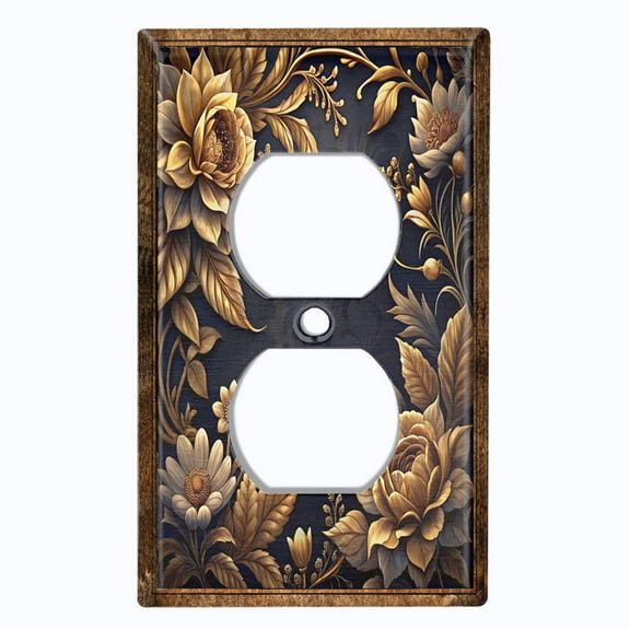 Metal Light Switch Wall Plate Outlet Cover (Printed Image of Gold Floral Frame - Single Duplex)