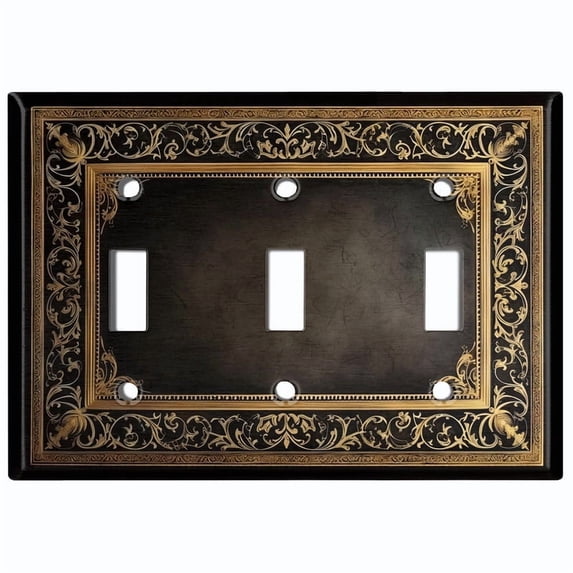 Metal Light Switch Wall Plate Outlet Cover (Printed Image of Gold Floral Frame - Triple Toggle)