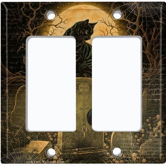 Metal Light Switch Wall Plate Outlet Cover (Printed Image of Gothic Cat in Graveyard - Double GFI/Rocker)