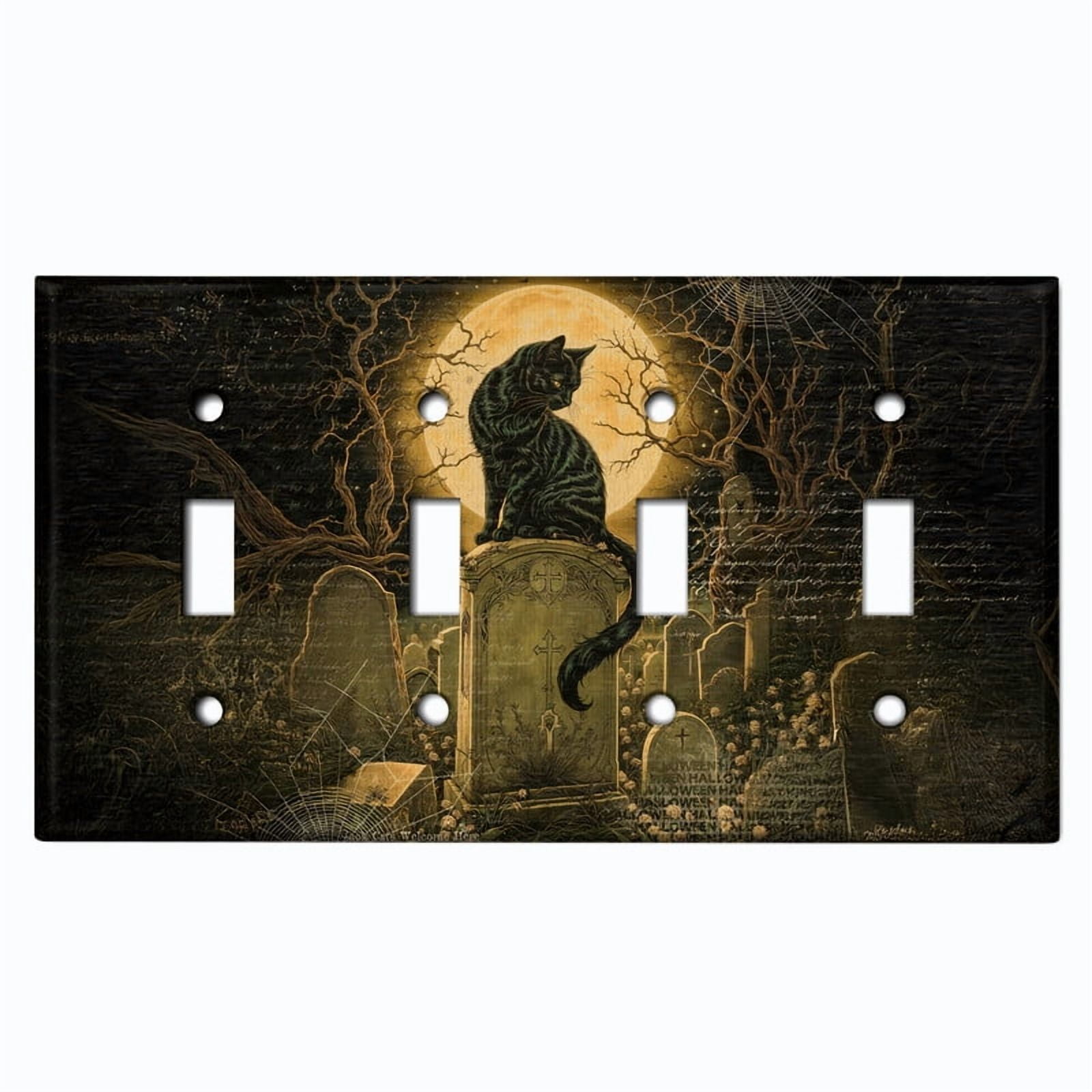 Metal Light Switch Wall Plate Outlet Cover (Printed Image of Gothic Cat in Graveyard - Quad Toggle)