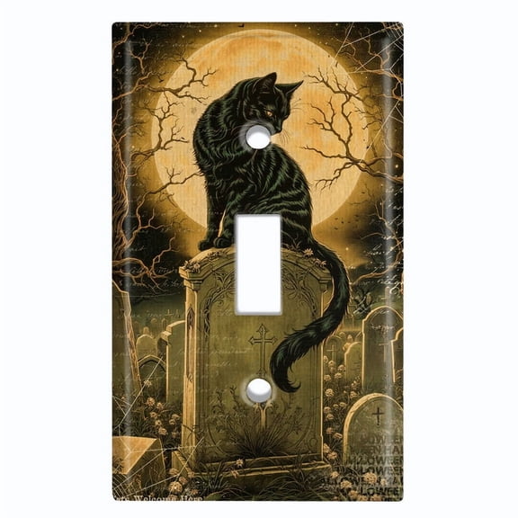 Metal Light Switch Wall Plate Outlet Cover (Printed Image of Gothic Cat in Graveyard - Single Toggle)
