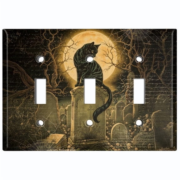 Metal Light Switch Wall Plate Outlet Cover (Printed Image of Gothic Cat in Graveyard - Triple Toggle)