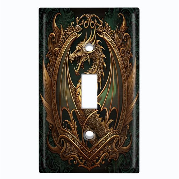 Metal Light Switch Wall Plate Outlet Cover (Printed Image of Guilded Dragon Emblem - Single Toggle)