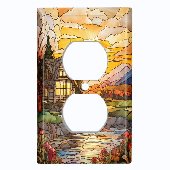 Metal Light Switch Wall Plate Outlet Cover (Printed Image of Homestead with Sunset - Double Duplex)