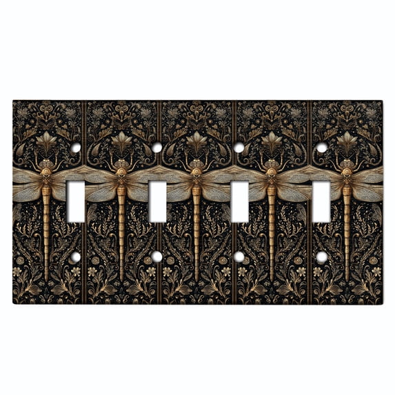 Metal Light Switch Wall Plate Outlet Cover (Printed Image of Intricate Dragonflies - Quad Toggle)