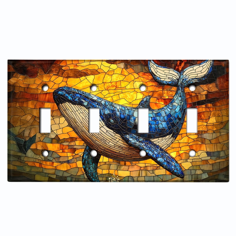 Metal Light Switch Wall Plate Outlet Cover (Printed Image of Leaping Stained Glass Whale - Quad Toggle)