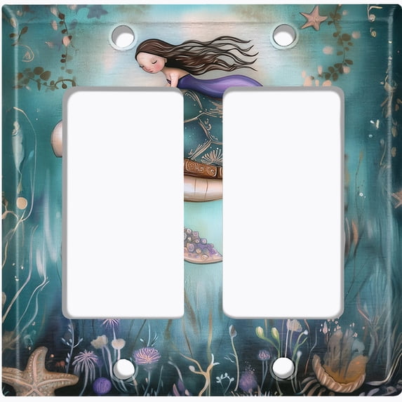Metal Light Switch Wall Plate Outlet Cover (Printed Image of Mermaid and Sea Turtle - Double GFI/Rocker)