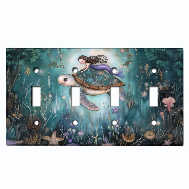 Metal Light Switch Wall Plate Outlet Cover (Printed Image of Mermaid and Sea Turtle - Quad Toggle)