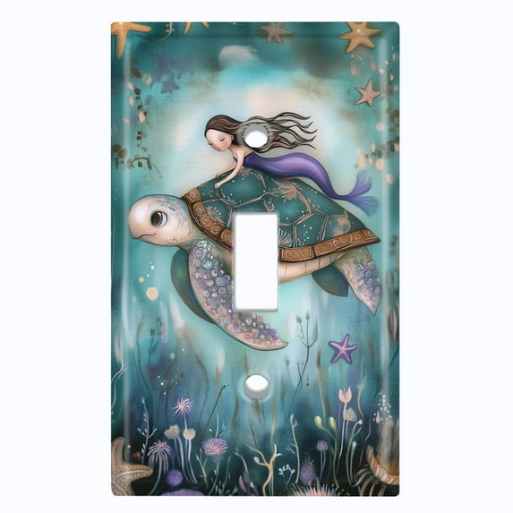 Metal Light Switch Wall Plate Outlet Cover (Printed Image of Mermaid and Sea Turtle - Single Toggle)