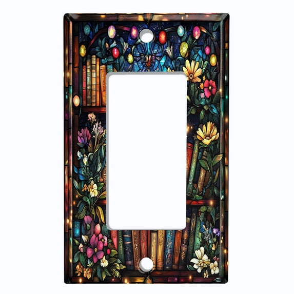 Metal Light Switch Wall Plate Outlet Cover (Printed Image of Mosaic Floral Bookshelf - Single GFI/Rocker)